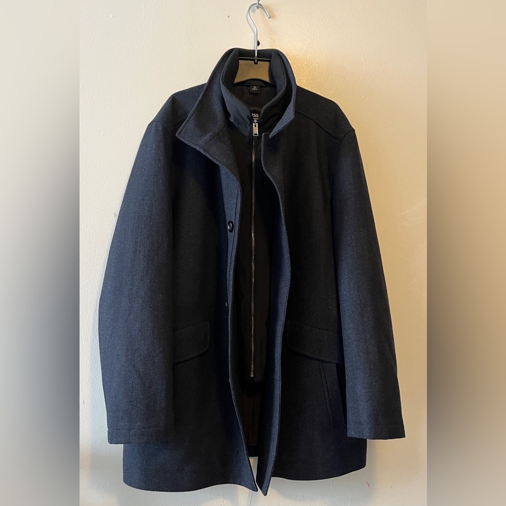 HUGO BOSS Coxtan Virgin Tweed Wool Blend Coat With Bib Charcoal Sz 46R Car Coat - Picture 5 of 16